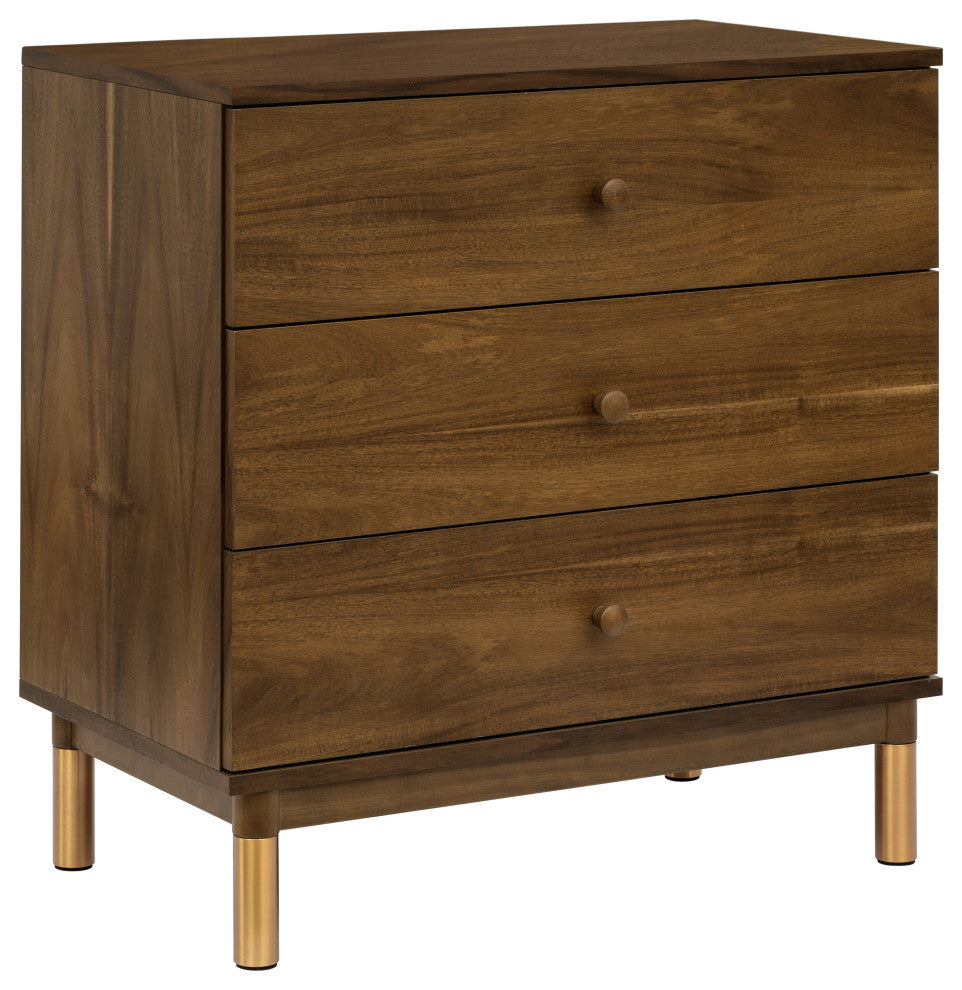 Gelato 3-Drawer Changer Dresser With Removable Changing Tray, Natural Walnut & Gold Feet