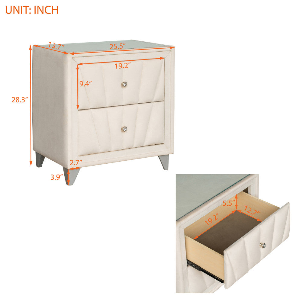 2-Drawer Wood Nightstand with Velvet Fabric and Glass Worktop, Beige