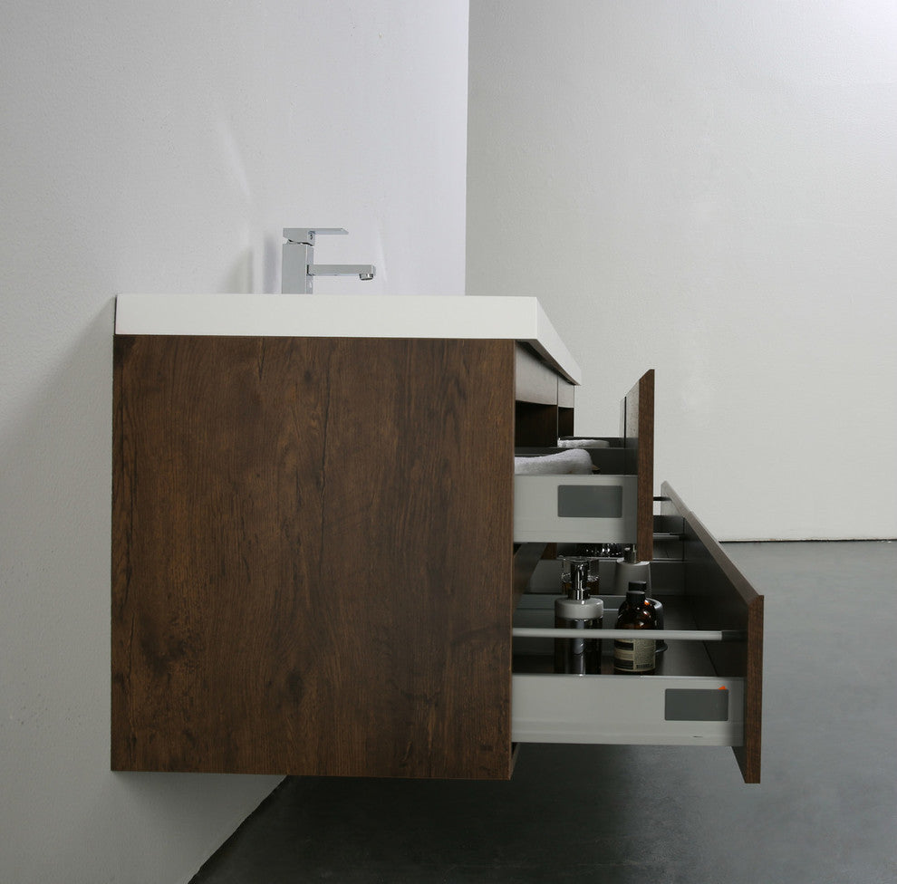 MOB 84" Double Sink Wall Mounted Vanity, Acrylic Sink, Rosewood