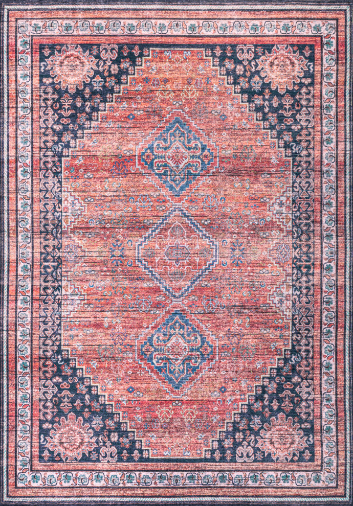 Dalyan Geometric Medallions Machine Washable Indoor Area Rug, Terra/Navy, 4 X 6