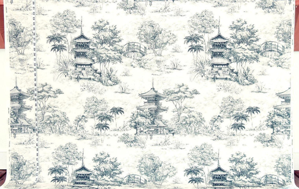 Blue Pagoda Toile Fabric Mid Century Asian Tea House Material, Standard Cut- 24" Length