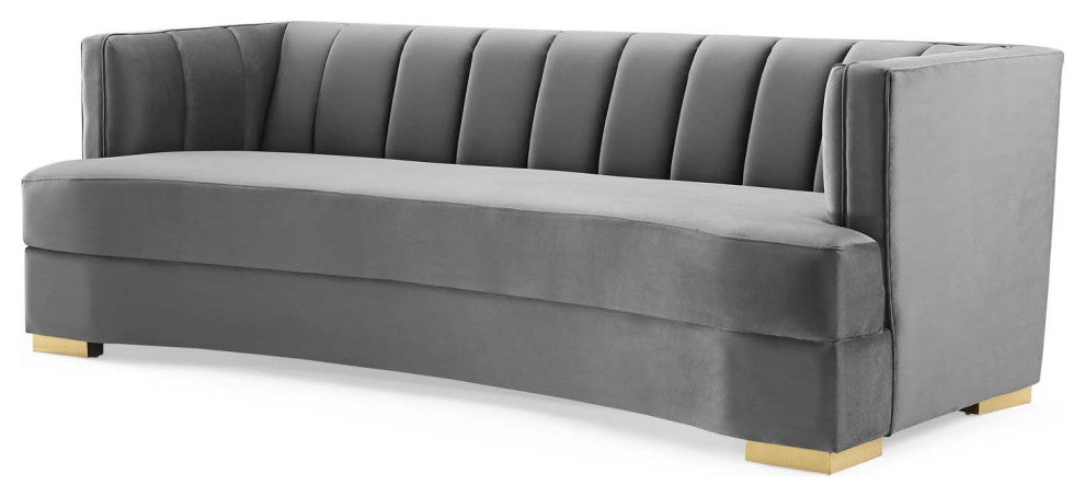 Tufted Sofa, Velvet, Gray, Modern, Living Lounge Hotel Lobby Hospitality