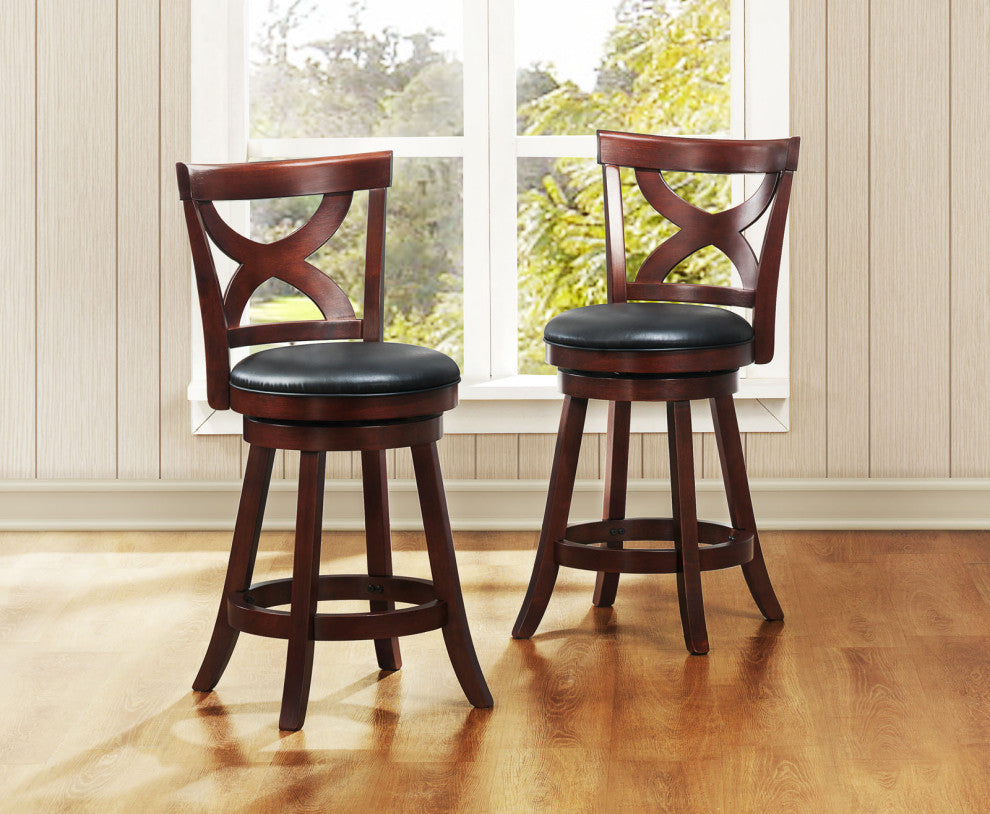 Rodney Black Faux Leather Cherry X-Back Swivel Stool, 24" Counter