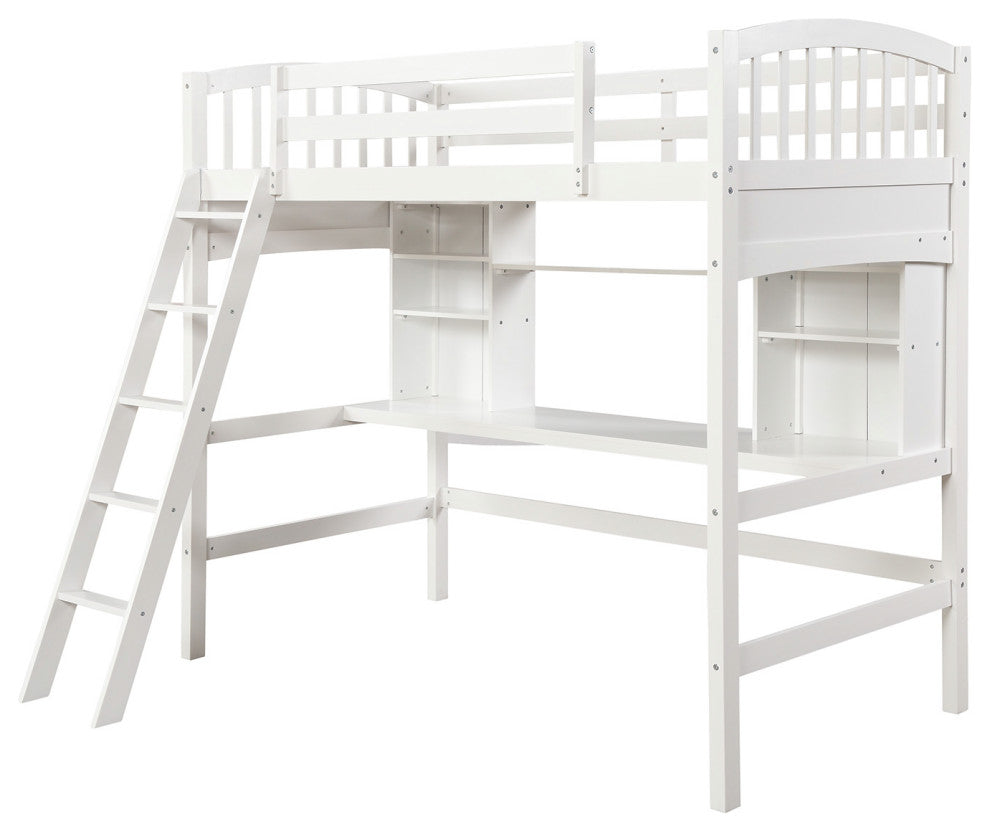Gewnee Wood Twin Loft Bed with Storage Shelves, Desk and Ladder in White
