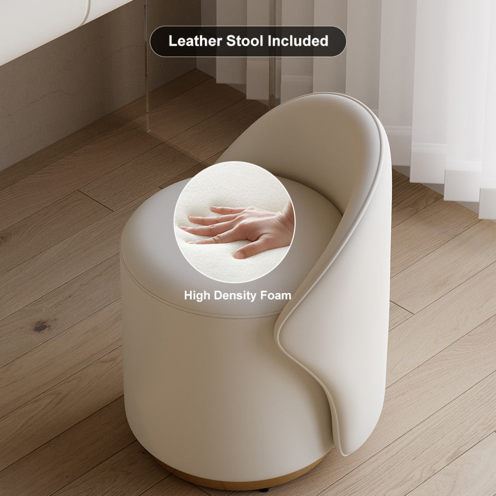 Modern Vanity Set PU Leather Dressing Table With Stool/LED Mirror, Off-White