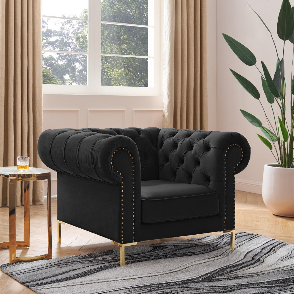 Inspired Home Ariadna Club Chair Button Tufted, Black Velvet