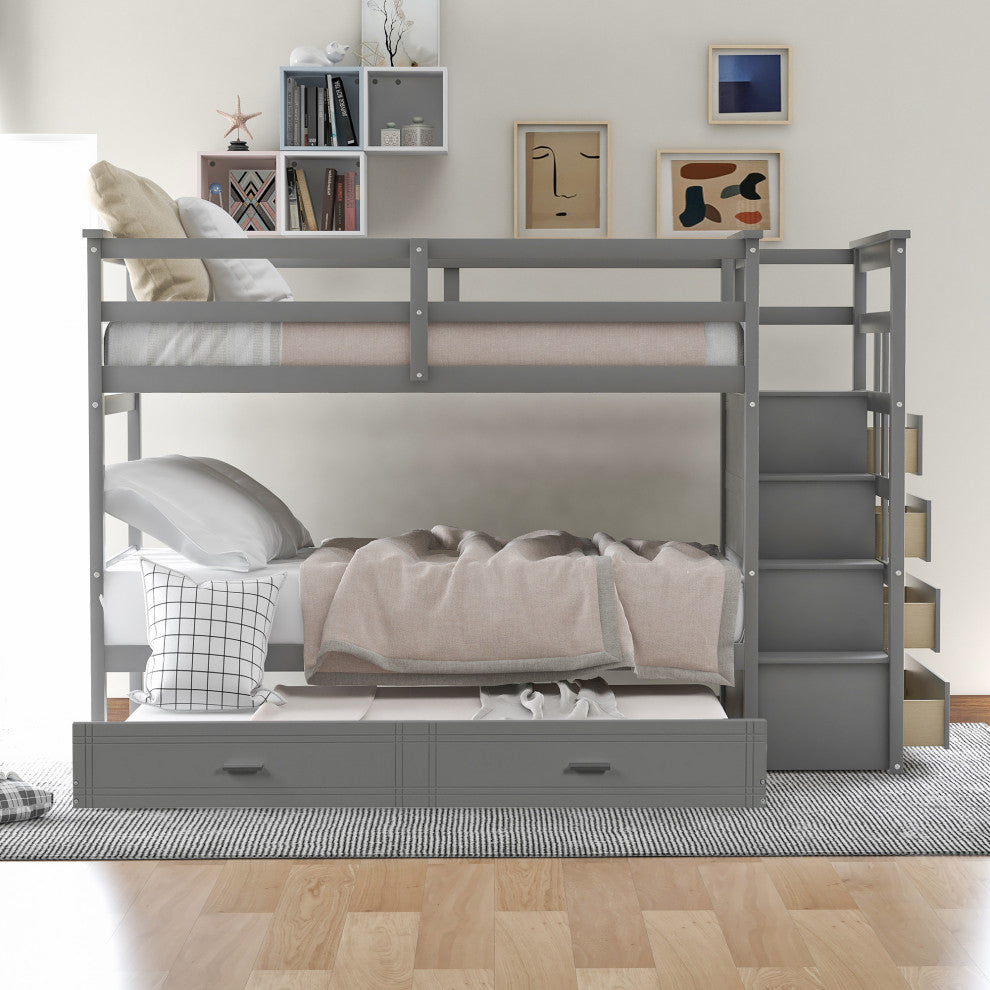 Gewnee Solid Wood Twin Over Twin Bunk Bed with Trundle and Staircase in Gray