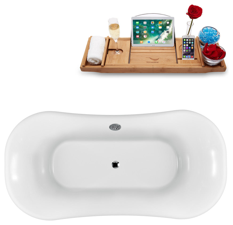 68" White Clawfoot Tub and Tray, Chrome Feet, Chrome External Drain