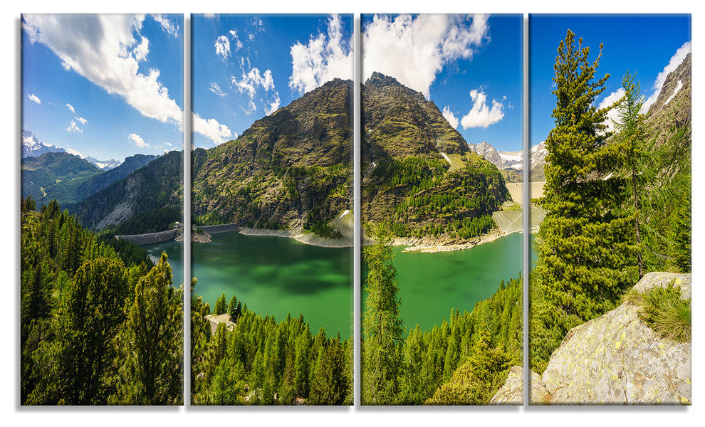 Greeny Alpine Reservoir, Landscape Canvas Art Print, 48"x28", 4 Panels