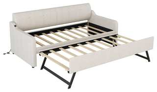 Gewnee Twin Upholstered Daybeds with Trundle and USB Charging,Beige