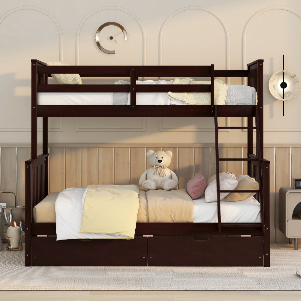 TATEUS Twin Over Full Bunk Bed With Storage Drawers Wood Bunked Bed, Espresso