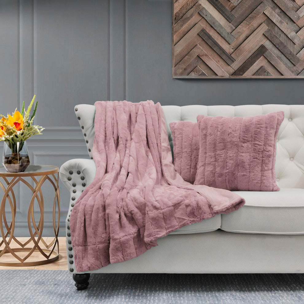 Rabbit Faux Fur Throw Blanket With 2 Pillows, Ash Rose