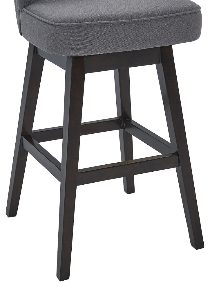 30" Gray Tufted Fabric and Dark Espresso Wood Swivel Bar Stool