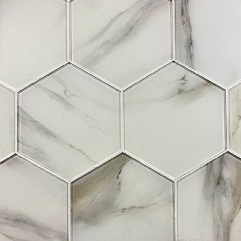 Nature 8 in x 8 in Glass Hexagon Tile in Calacatta White, Set of 20
