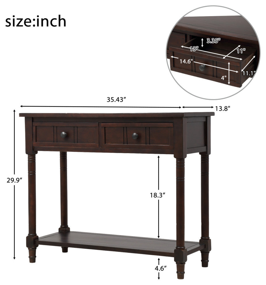 TATEUS Espresso Finish Solid Wood Console Table With Drawers, Espresso