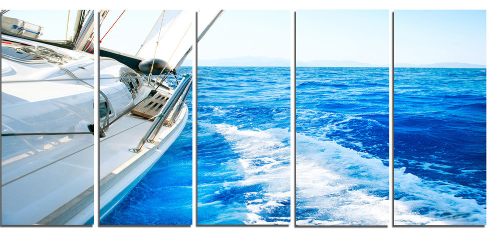 White Sailing Yacht in Blue Sea, Seashore Canvas Wall Art, 60"x28", 5 Panels