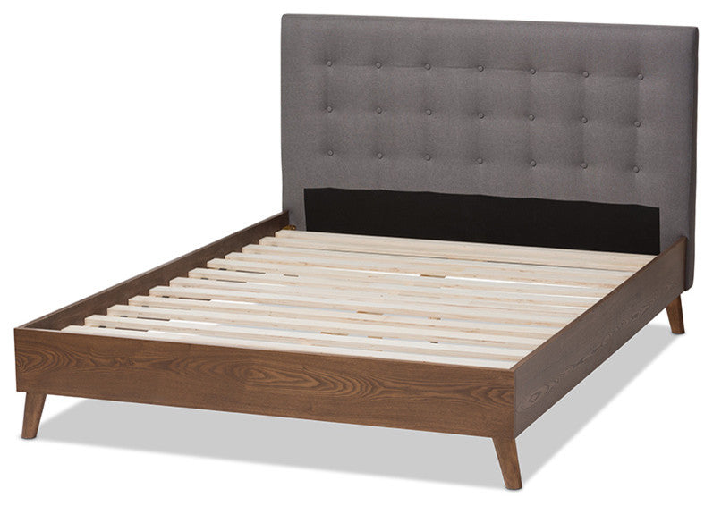 Alinia Retro Modern Gray Fabric Upholstered Walnut Wood King Size Platform Bed