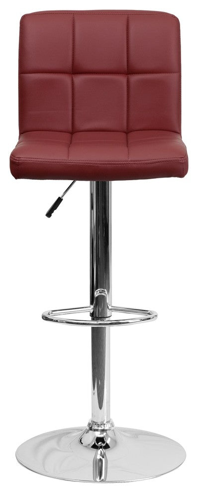 Contemporary Burgundy Quilted Vinyl Adjustable Barstool With Chrome Base