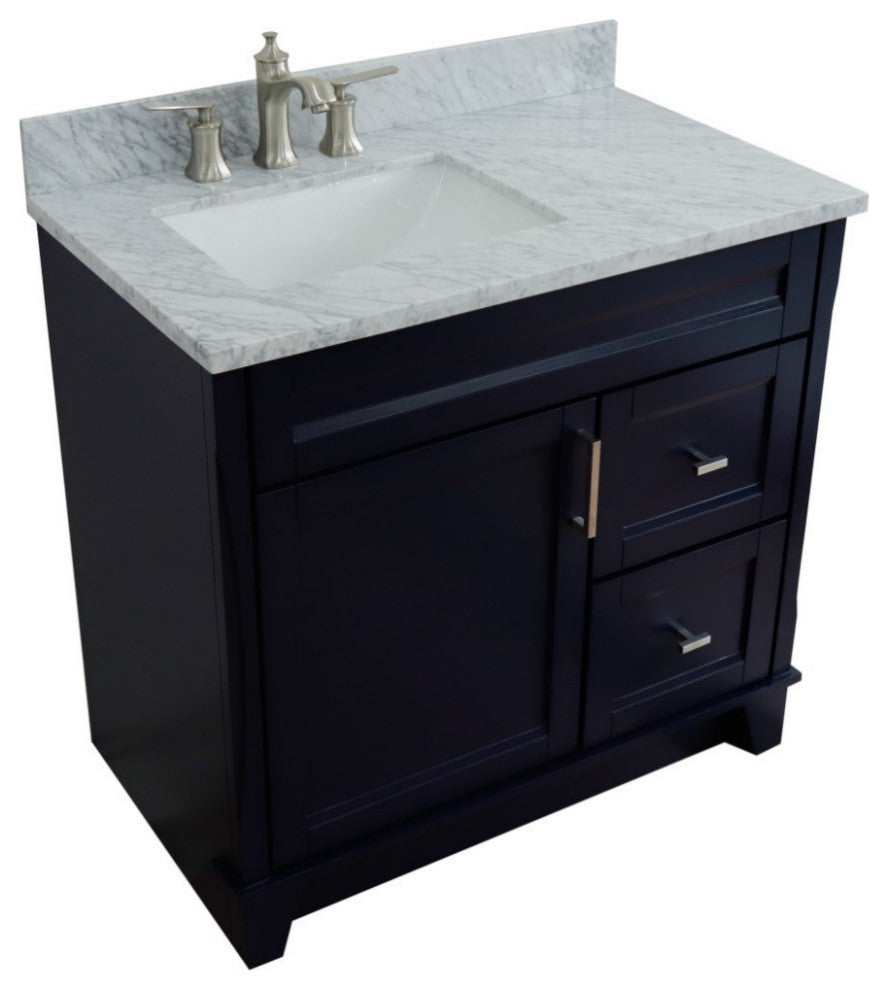 37" Single Sink Vanity, Blue Finish With White Carrara Marble