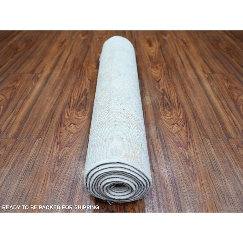 Swan White Washed Out Peshawar Wool Hand Knotted Runner Oriental Rug  2'5"x9'5"