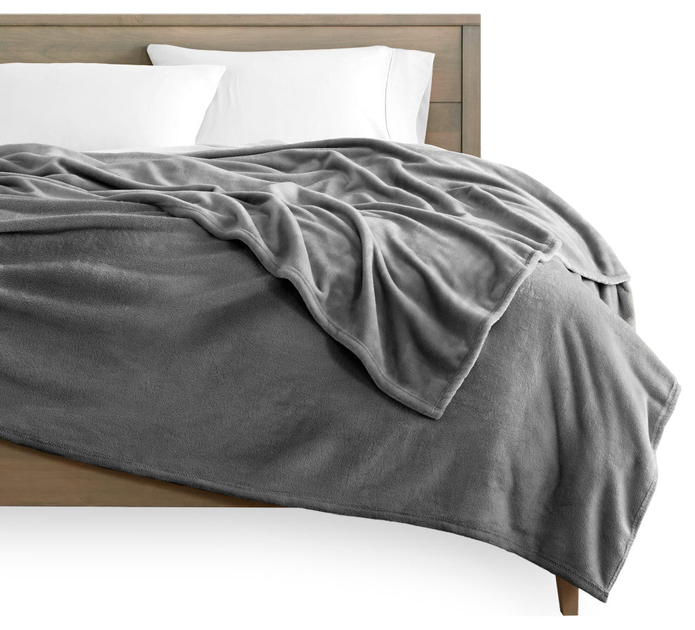 Bare Home Microplush Fleece Blanket, Gray, Throw/Travel