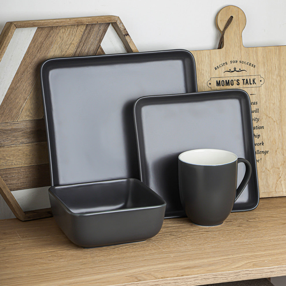 Stone Lain Amy Porcelain Plates and Bowls Sets, 24 Piece Dinnerware Set, Gray