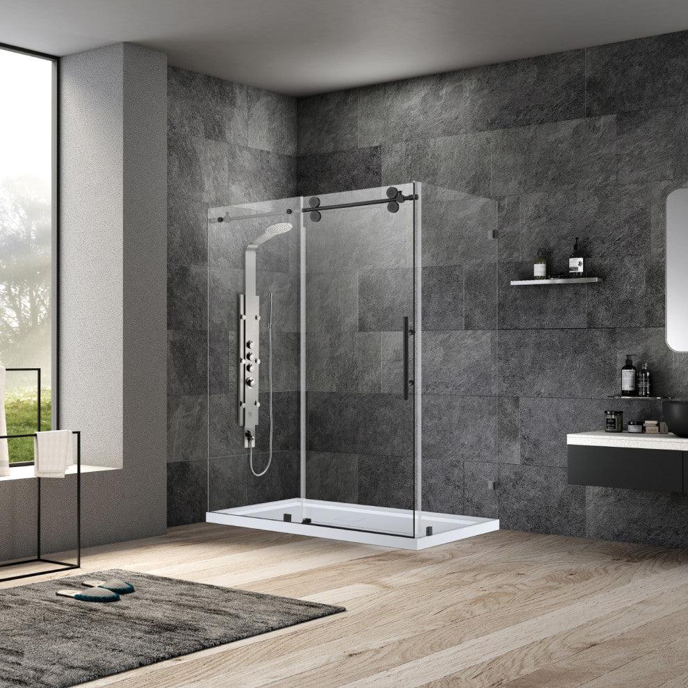 Villena Rectangle Single Sliding Frameless Shower Enclosure, Matte Black, 60"