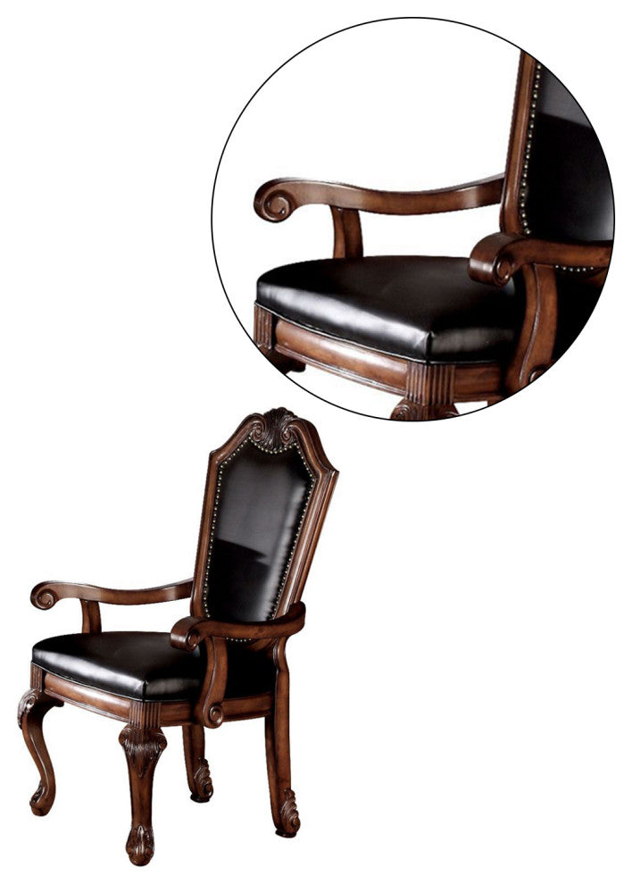 Set of 2 Black PU Upholstered Dining Armchair, Cherry Finish