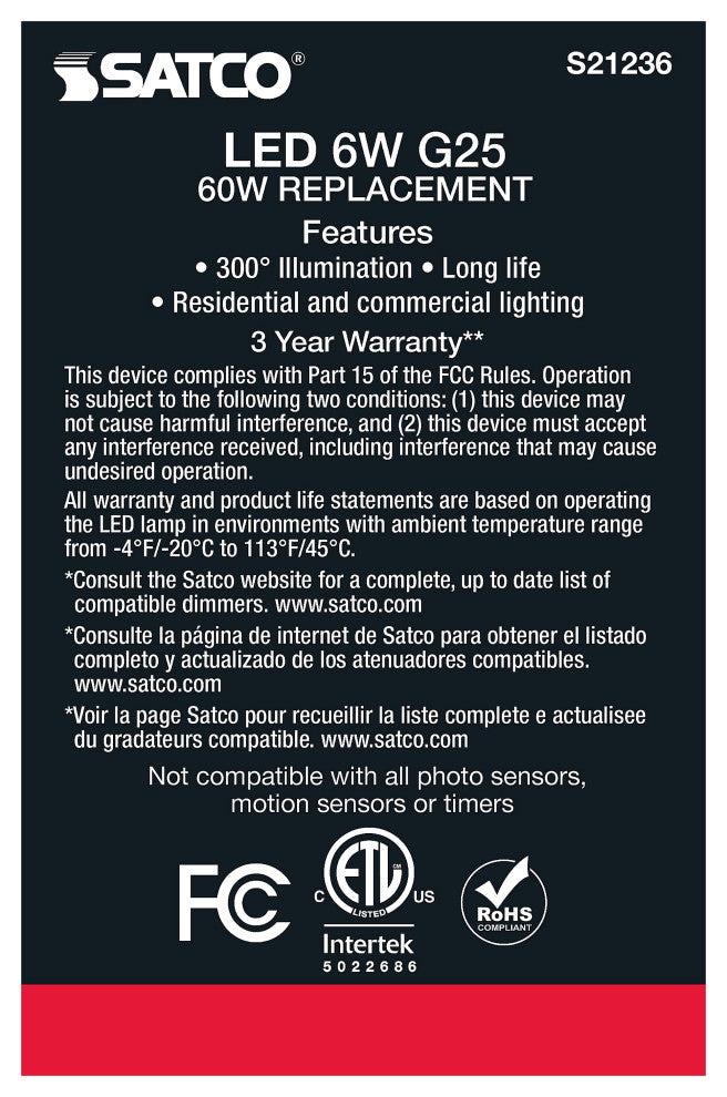 6W G25 LED, Clear, Medium Base, 90 CRI, 4000K, 120V