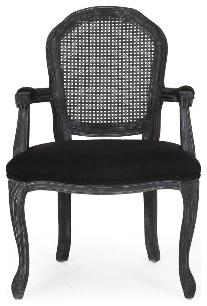 Aldrich Farmhouse Fabric Upholstered Wood and Cane 7 Piece Dining Set, Black + Gray + Rustic Metal + Natural Stained