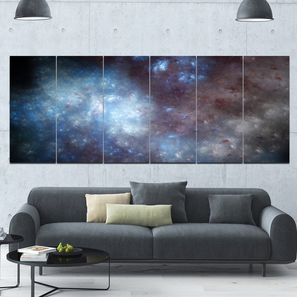 Blue Grey Starry Fractal Sky, Abstract Art on Canvas, 70"x28", 6 Panels