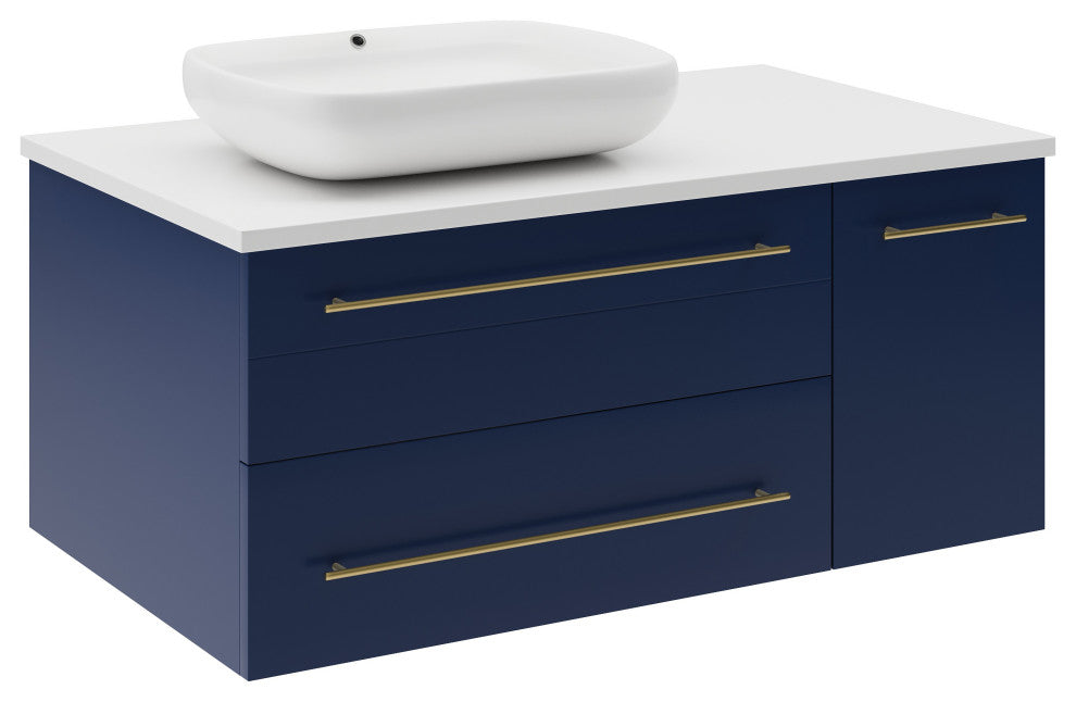 Lucera 36" Modern Royal Blue Wall Hung Cabinet, Vessel Sink, Left Version