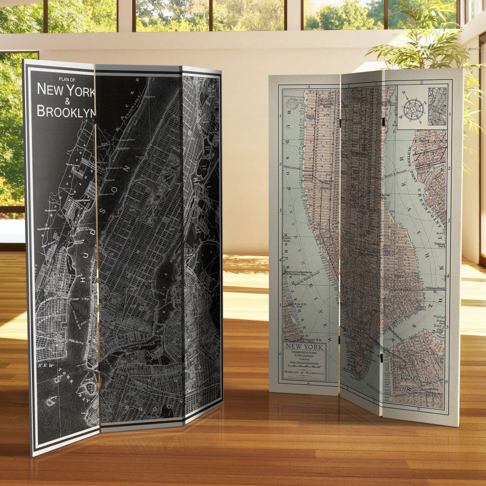 6'' Tall Double Sided Map of New York Canvas Room Divider