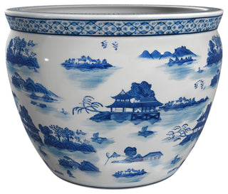 20" Porcelain Fishbowl Blue and White Landscape