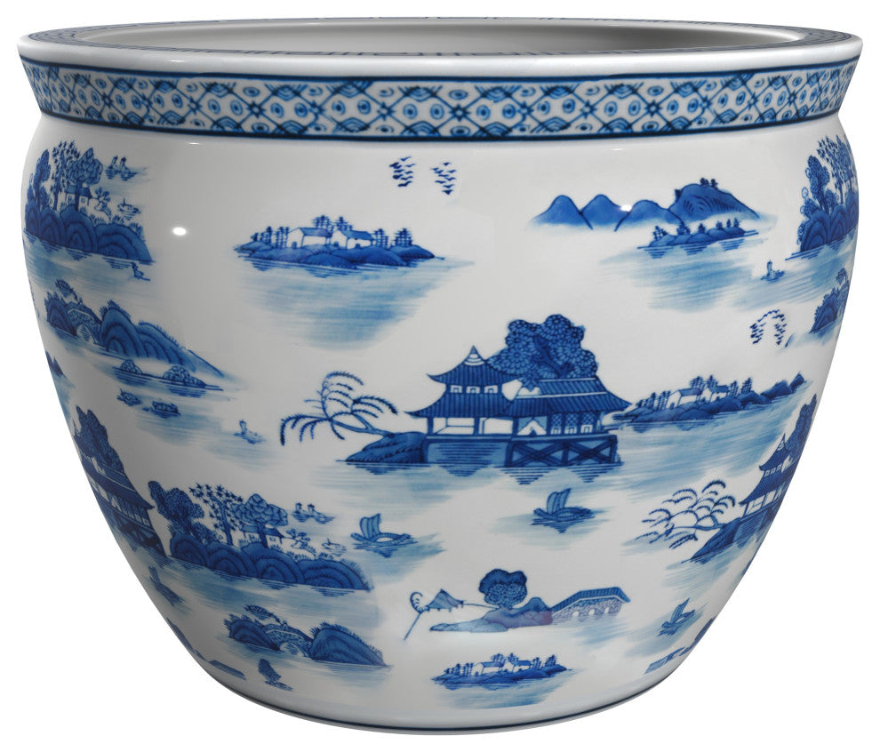 20" Porcelain Fishbowl Blue and White Landscape