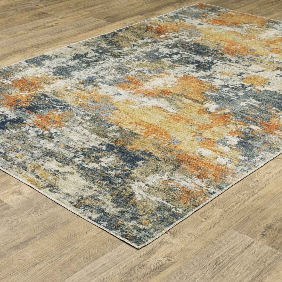 Michaela Machine Washable Abstract Orange/ Blue Area Rug, Orange, 5'x7'