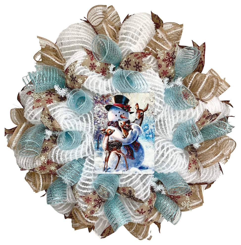 Cuddling Snowman Handmade Winter Wreath Deco Mesh