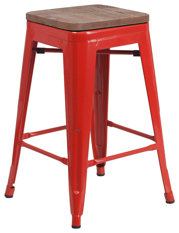 24" High Backless Red Metal Counter Height Stool With Square Wood Seat