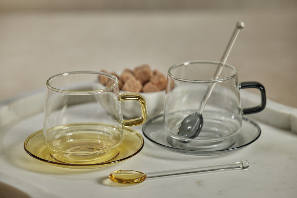 Bergamo Glass Tea and Coffee Cups and Saucers, Set of 4, Yellow