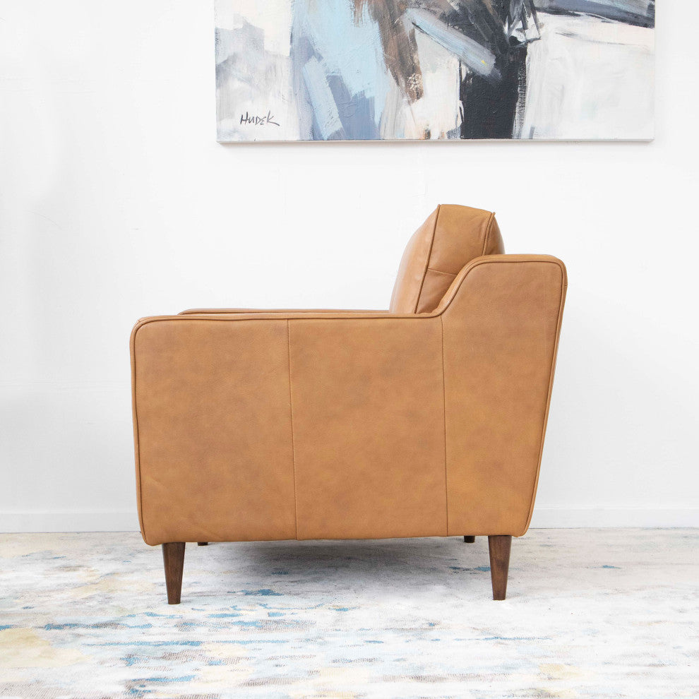 Manhattan Mid-Century Modern Cushion Back Genuine Leather Armchair, Tan
