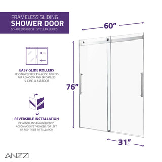 ANZZI Stellar 76" H Frameless Sliding Shower Door, Chrome, 60" W