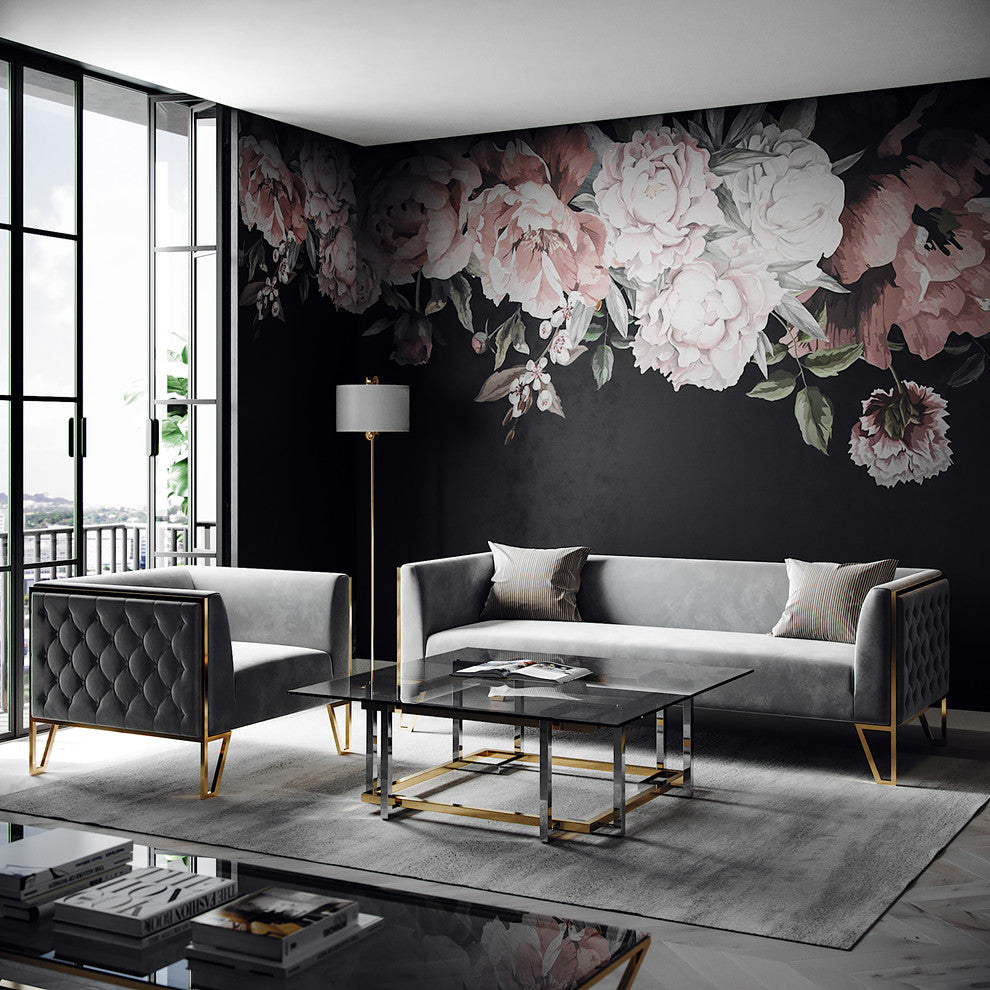 Kara Tufted Sofa, Polished Gold Steel