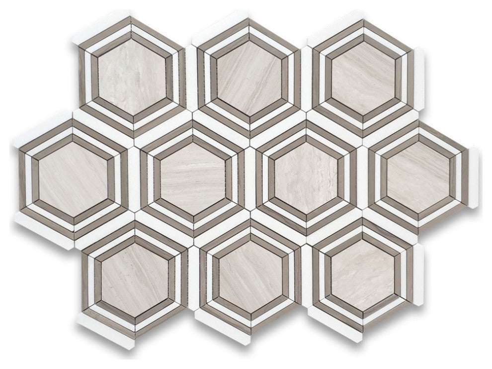 Athens Silver Cream Marble 5" Hexagon Strips Georama Geometric Tile, 1 sheet