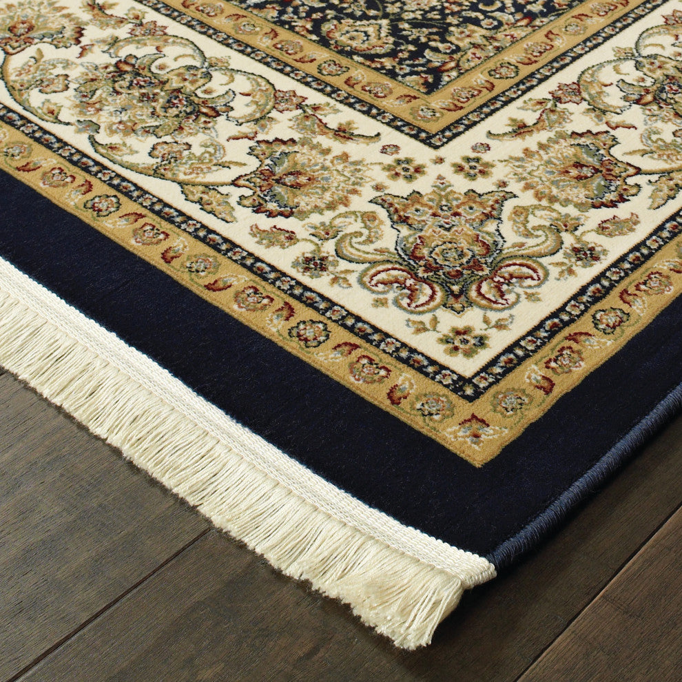 Mackenzie Panel Medallions Navy/ Multi Fringed Area Rug, 6'7"X9'6"