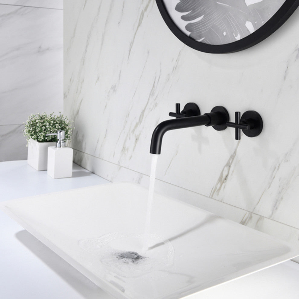 Two Handle Wall Mount Bathroom Sink Faucet with Rough-in Valve, Matte Black