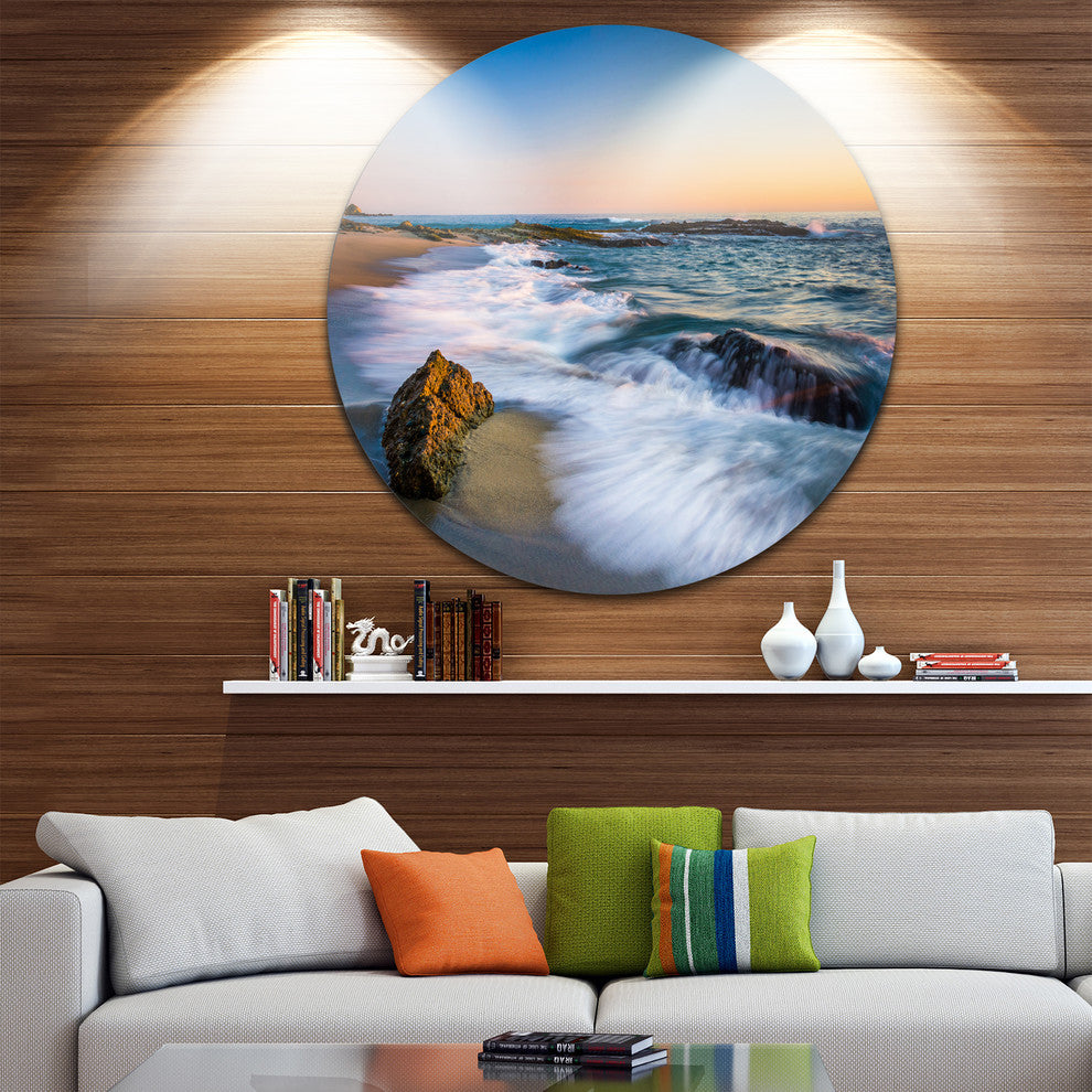 White Waves Crashing On Rocks, Seashore Disc Metal Artwork, 36"
