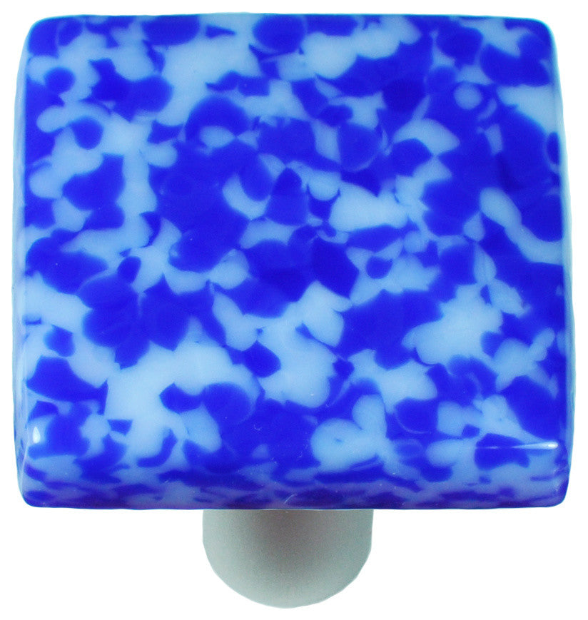 Art Glass Square Knob, Black Post, Granite, Cobalt Blue & White
