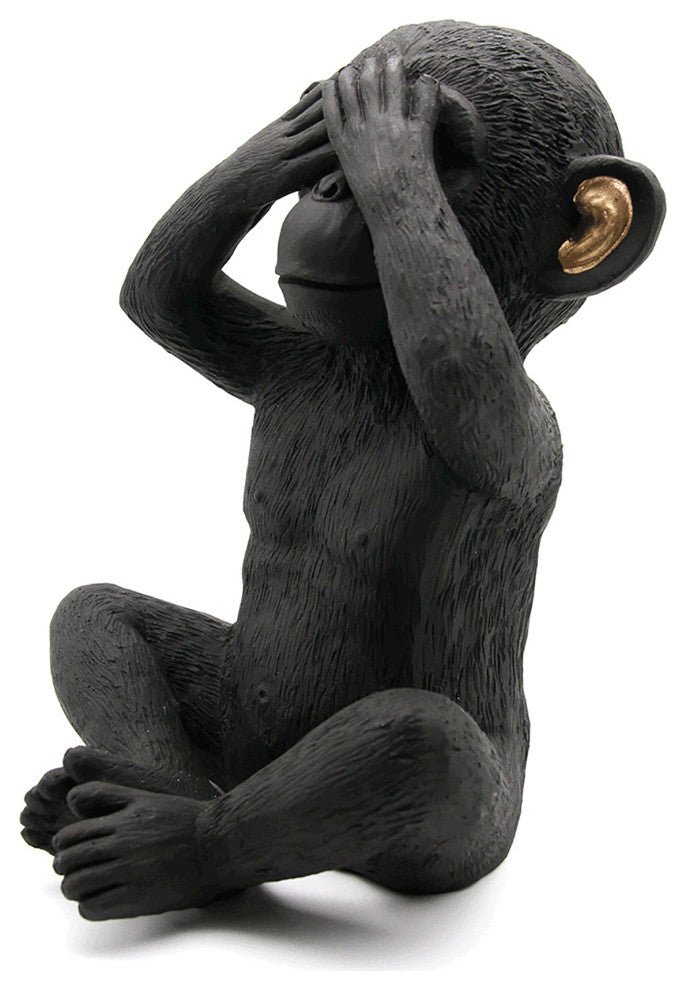 Wise Monkey See No Evil Statuette Resin Black Gold