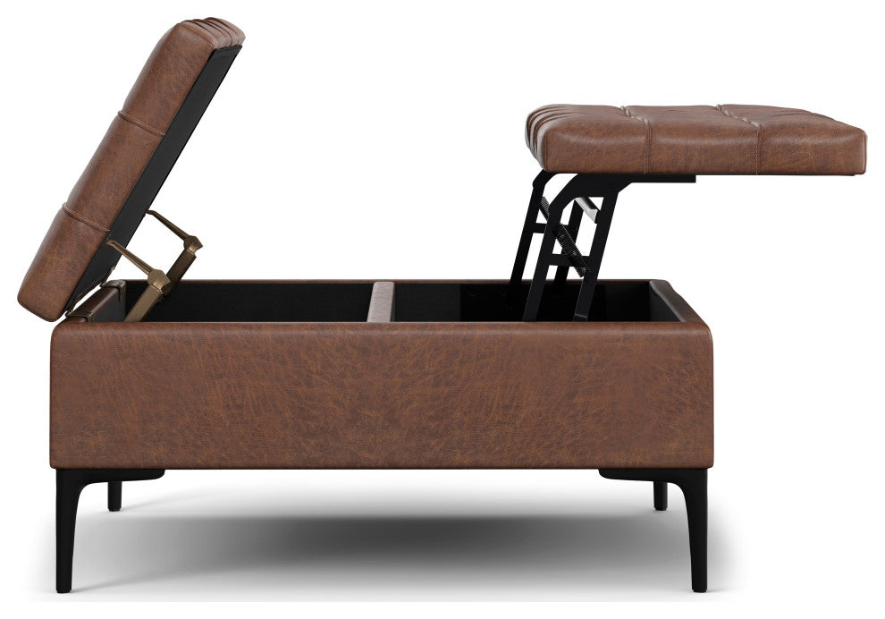 Laura Mid Century Lift Top Storage Ottoman, Distressed Saddle Brown