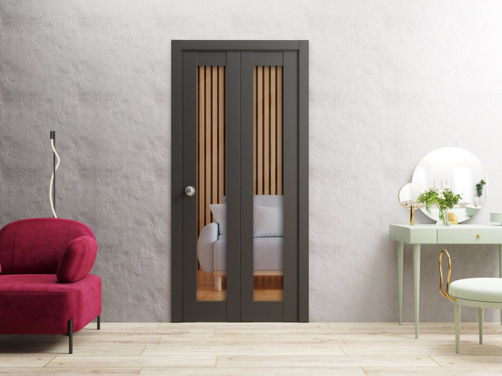 Closet Bi-fold Doors 60 x 80, Lucia 2166 Matte Black Clear Glass